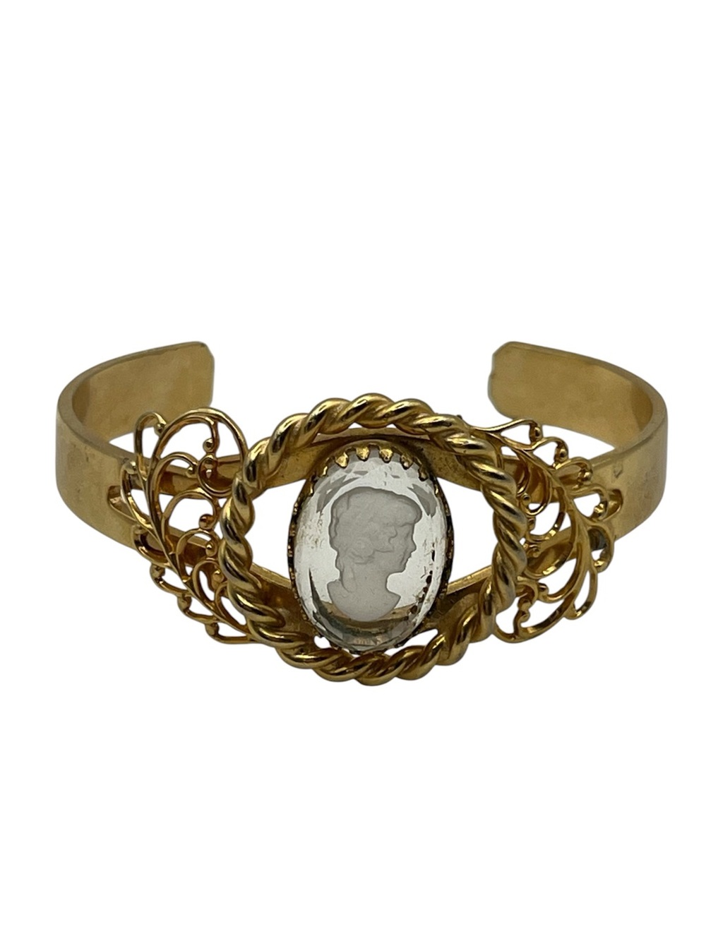 Clear carved lucite Cameo lady silhouette gold tone vintage cuff bracelet